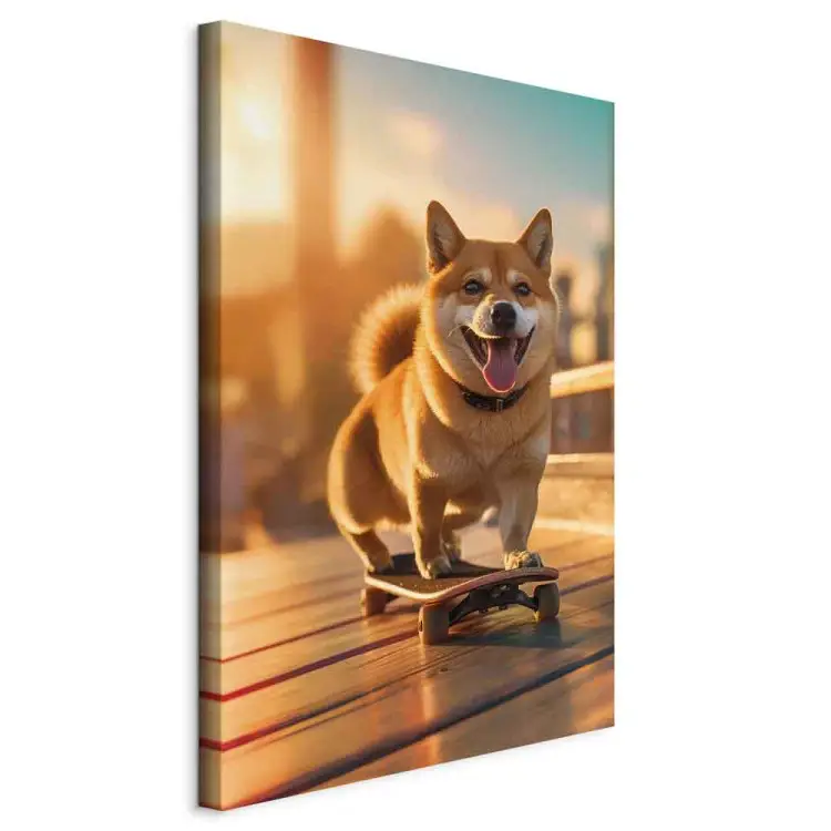 AI shiba hond - lachend dier op skateboard bij zonsondergang - verticaal