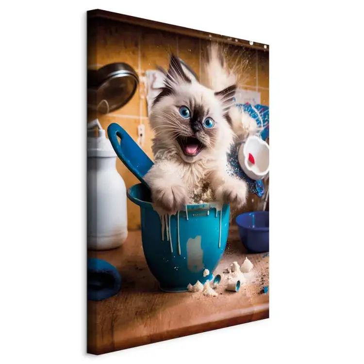 AI ragdoll kat - pluizig huisdier tijdens spelen in de keuken - verticaal