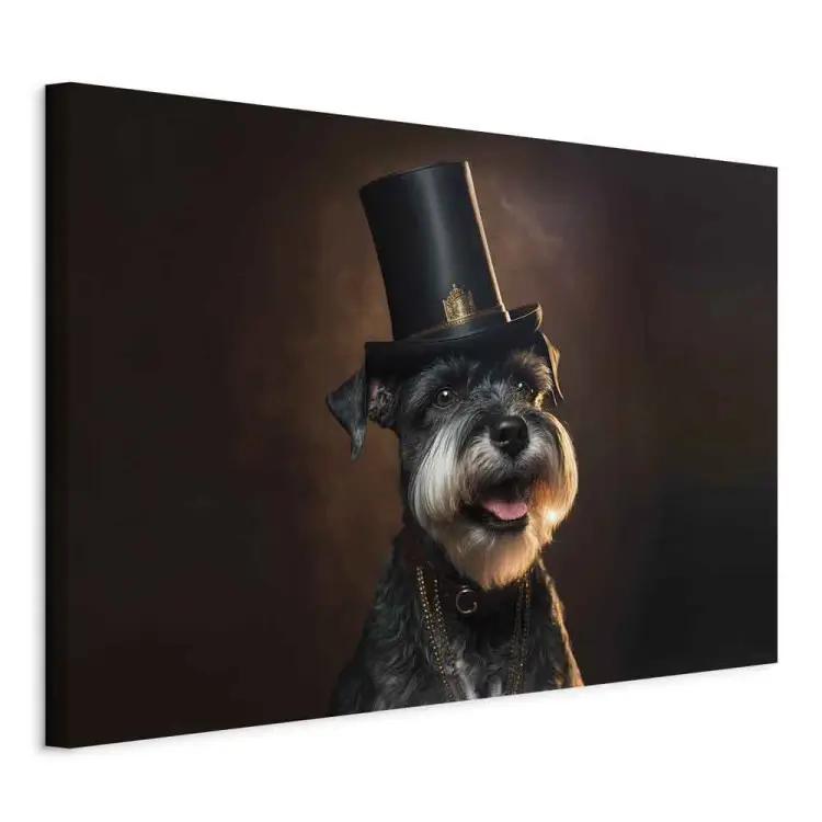 AI dwergschnauzer - portret van een gelukkig huisdier in een cilinder - horizontaal