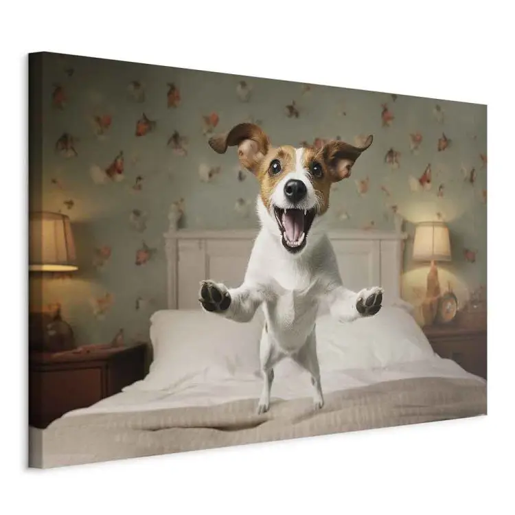 AI jack russell terrier hond - blij huisdier springt van bed in de armen van baasje - horizontaal