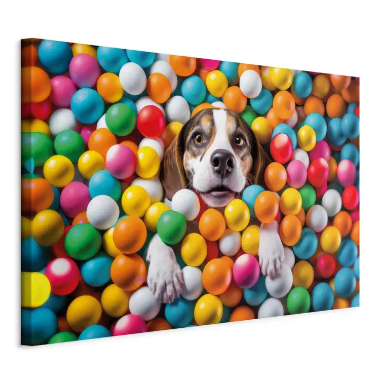 AI beagle hond - huisdier ondergedompeld in gekleurde ballen - horizontaal