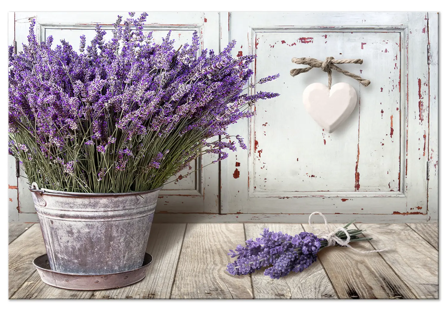 XXL schilderij Zonnige tuin - lavendel in een pot op een houten