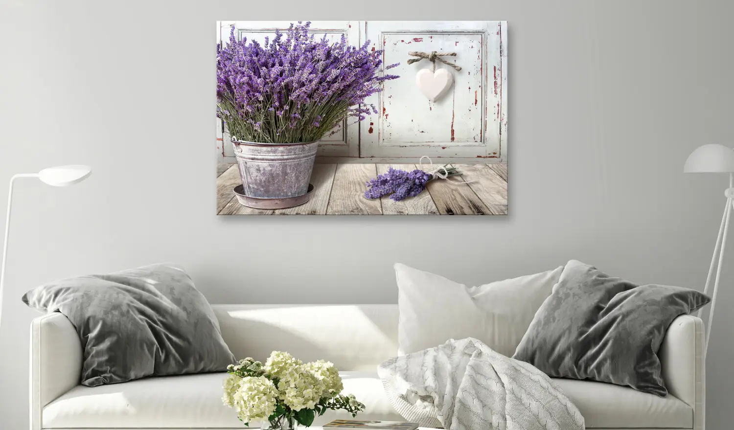 XXL schilderij Zonnige tuin - lavendel in een pot op een houten