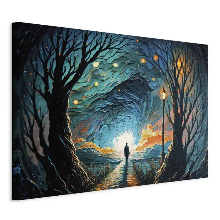 Wandelen tussen de sterren - een figuur die midden in de nacht naar de horizon loopt
