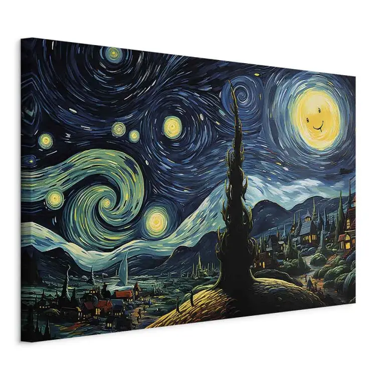 Sterrennacht - landschap in van Gogh-stijl met lachende maan