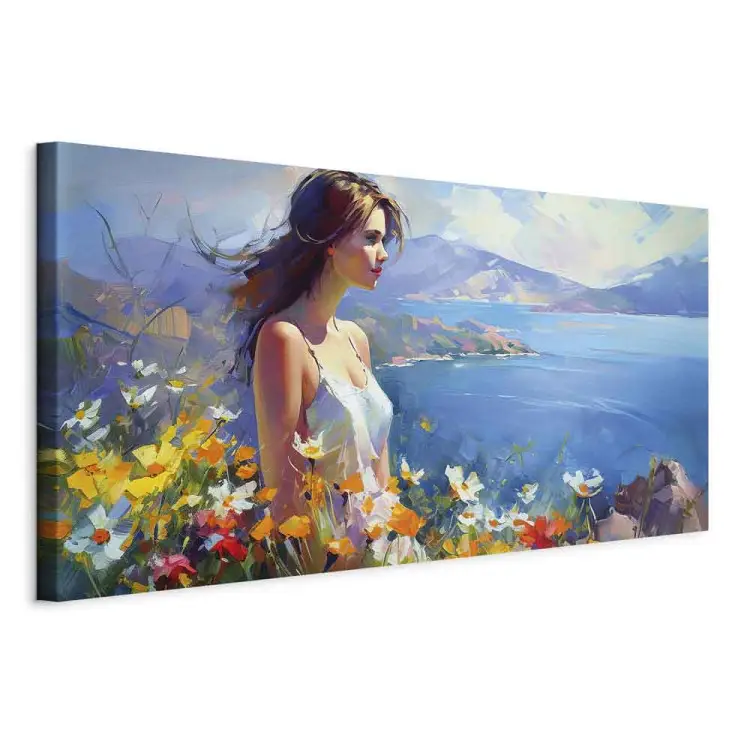 Vrouw tegen de zee - bloemrijk berglandschap in de stijl van Monet