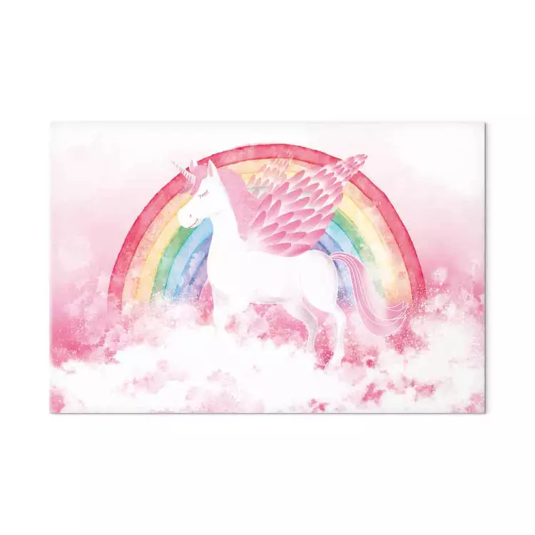 Schilderij Pink Power A Unicorn With Wings and a Rainbow on a Background of Clouds Voor kinderen bimago