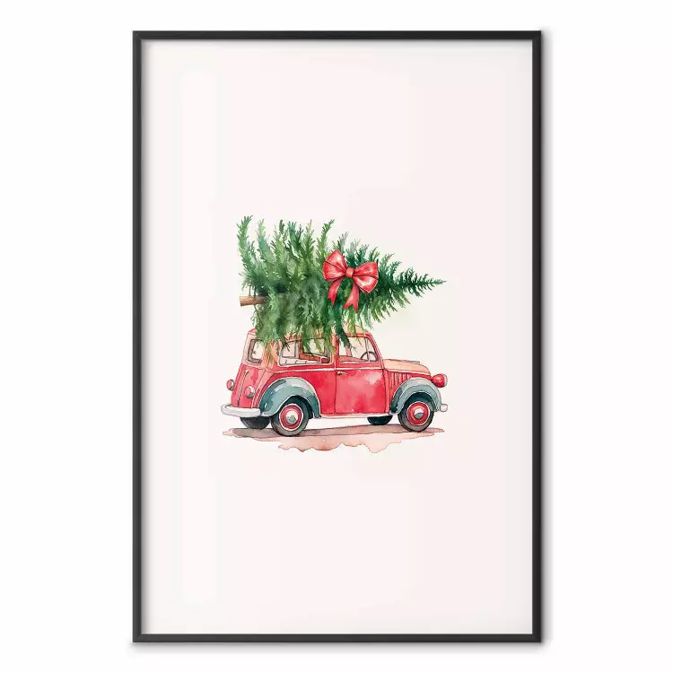 Kerstvervoer - aquarel rode auto met een kerstboom op het dak