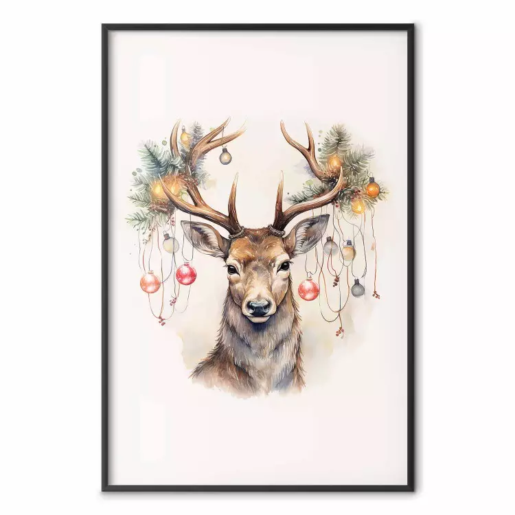 Kerstbezoeker - aquarel illustratie van een hert met versierd gewei