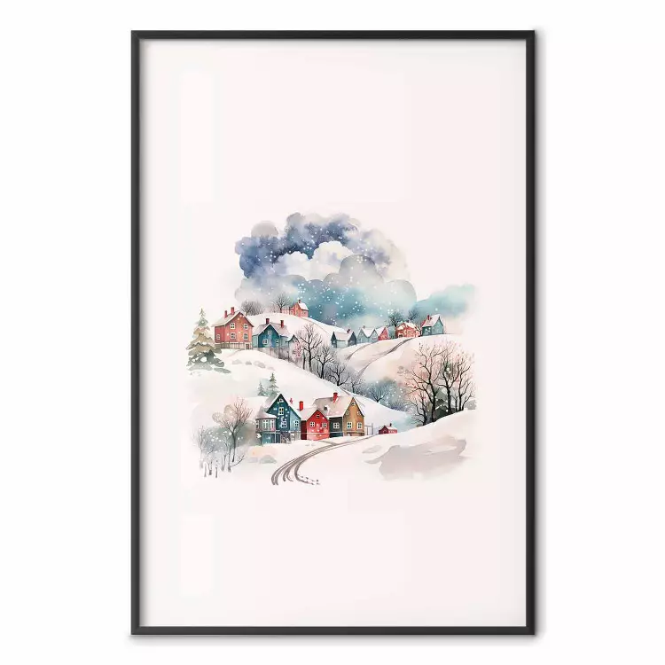 Kerstdorp - aquarel illustratie van een winterlandschap