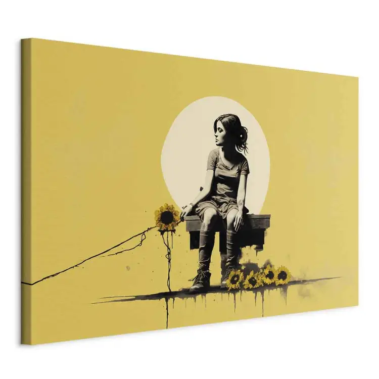 Meisje en zonnebloemen - gele compositie geïnspireerd op Banksy-stijl