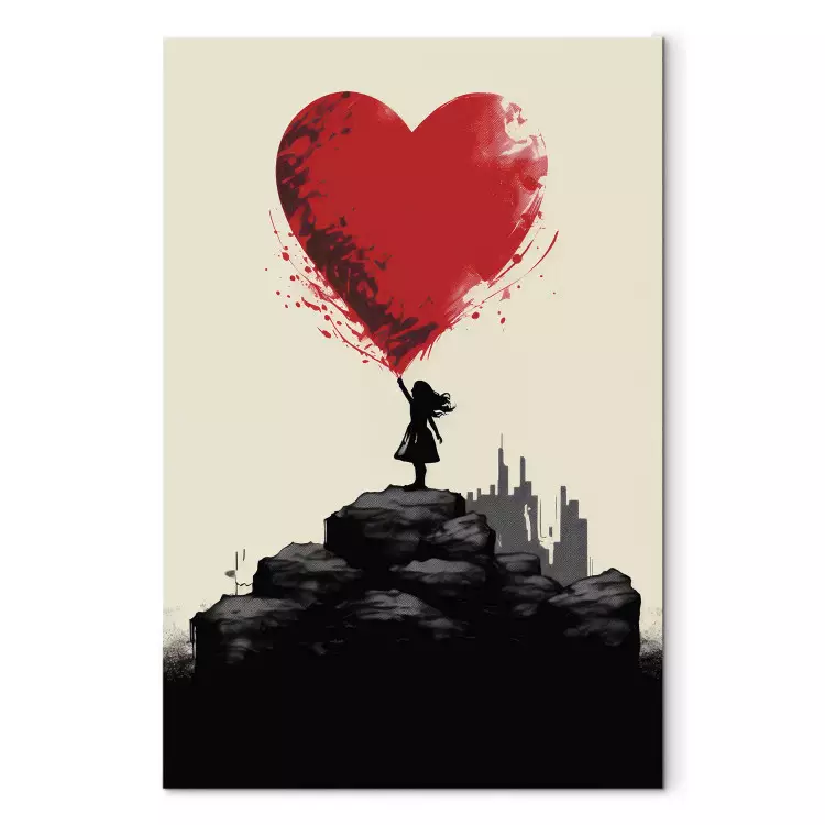 Red Heart - A Figure With a Balloon on a City Background Inspired by Banksy