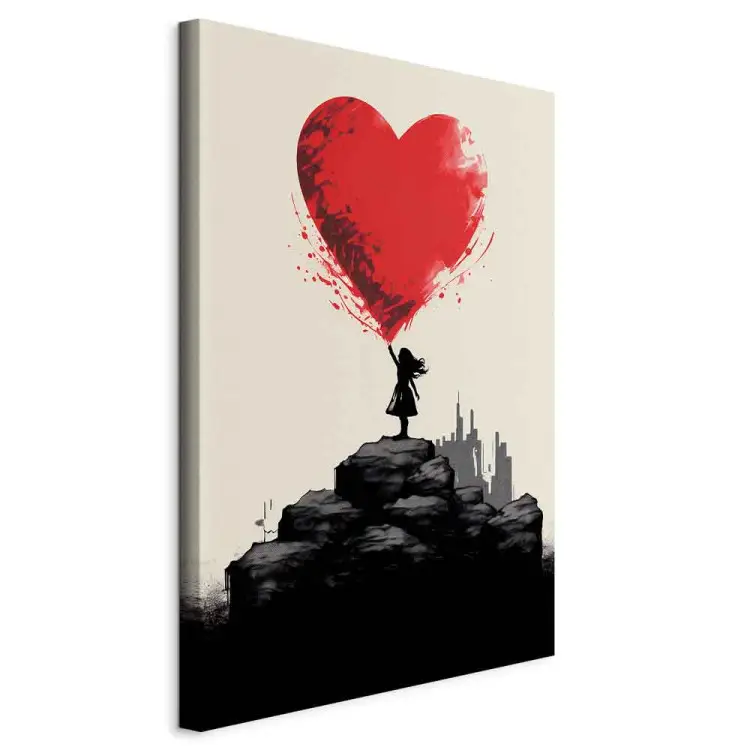 Rood hart - op Banksy geïnspireerd figuur met ballon tegen stadsachtergrond
