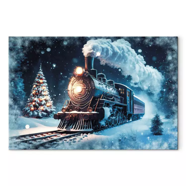 Christmas Train - Steam Locomotive Driving Through a Snowy Forest at Night