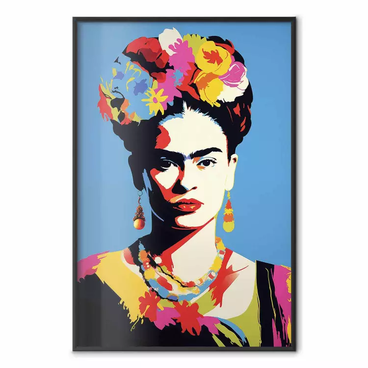 Blauw portret - Frida Kahlo met bloemen in haar haar in pop-artstijl