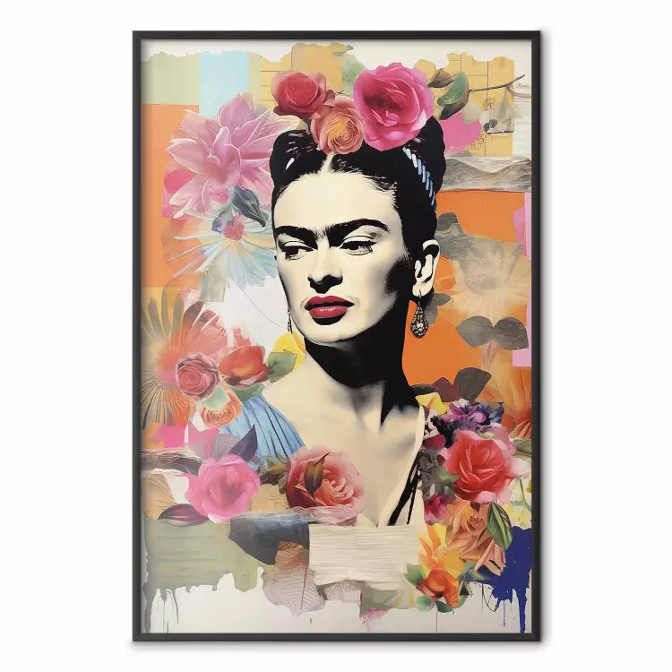 Collage met Frida - kleurrijke compositie met portret en bloemen op de achtergrond