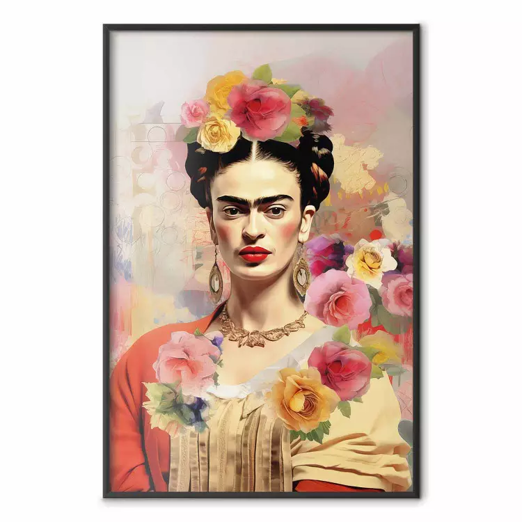 Subtiel portret - Frida Kahlo op een vage achtergrond vol bloemen