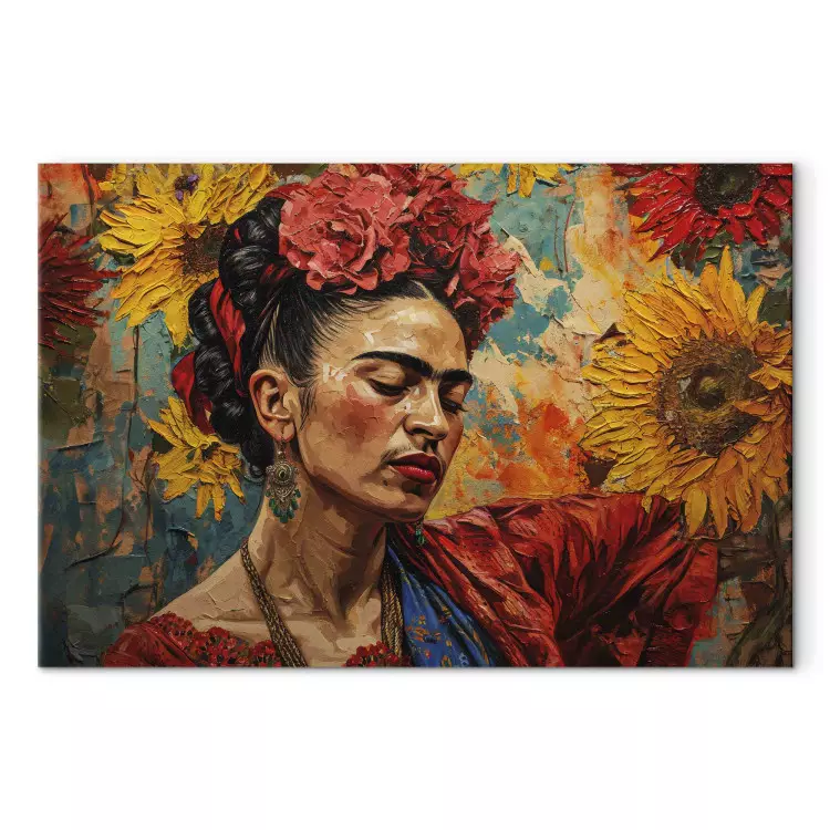Frida Kahlo - vrouw tegen een achtergrond van zonnebloemen in de schilderstijl van van Gogh