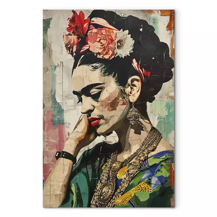Frida Kahlo - kleurrijk portret van een vrouw op een gebarsten muur