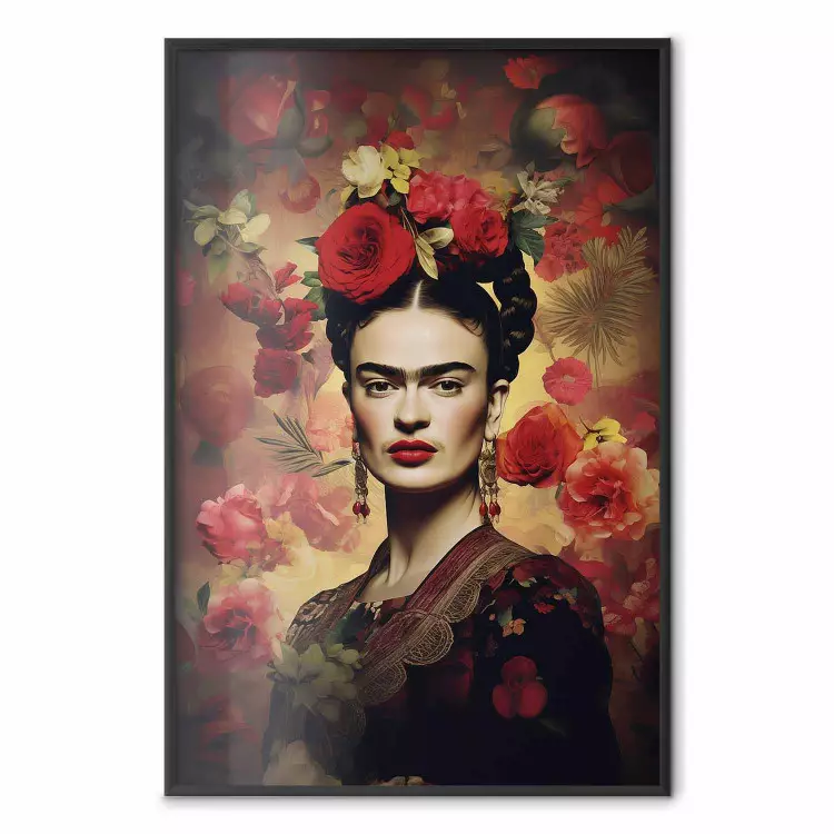 Portret met rozen - Frida Kahlo op een bruine achtergrond vol bloemen