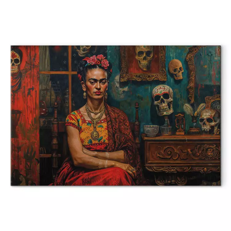 Frida Kahlo - compositie met de schilder zittend in een kamer met schedels