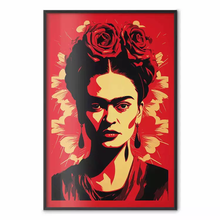 Frida portret - poster voorstelling van de schilderes tegen een rode achtergrond