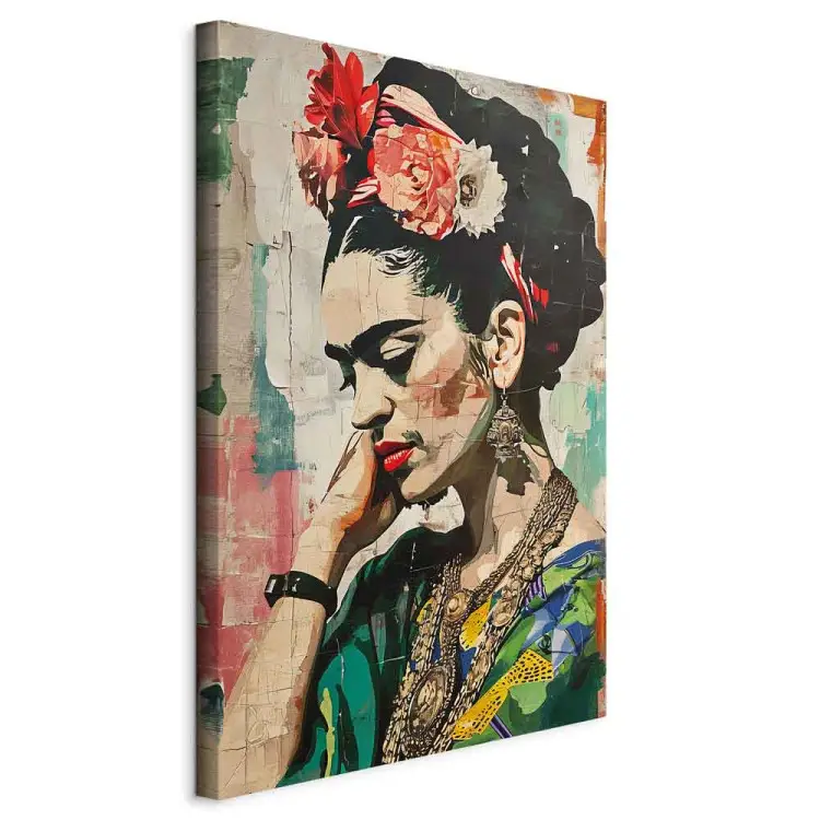 Frida Kahlo - kleurrijk portret van een vrouw op een gebarsten muur