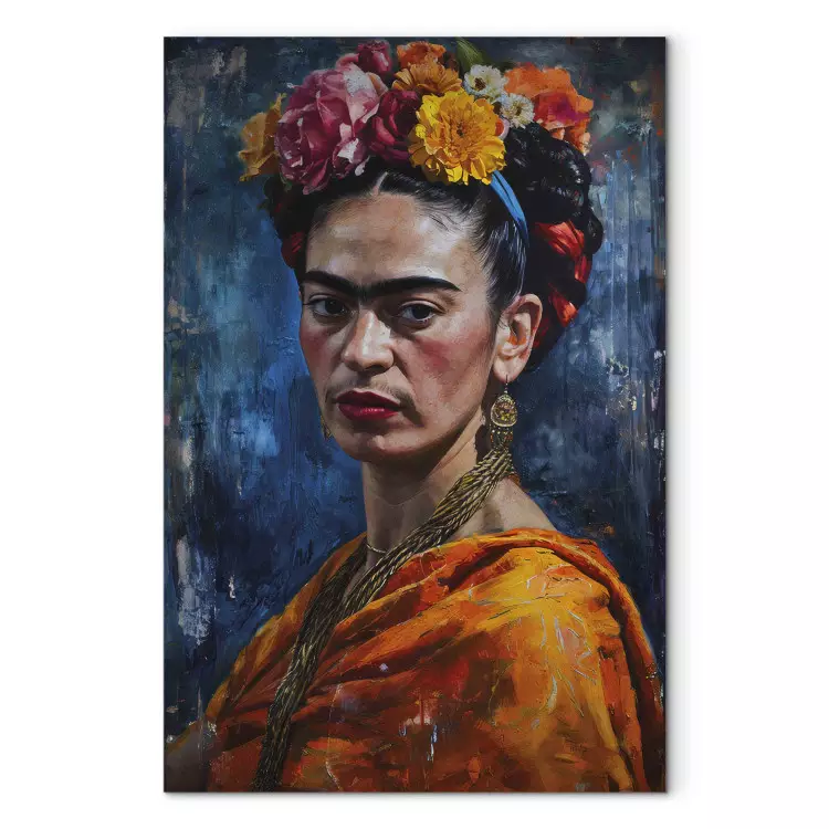 Frida Kahlo - schilderachtig portret van de kunstenares op een donkerblauwe achtergrond
