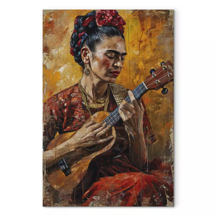 Frida Kahlo - portret van een vrouw die ukelele speelt in bruine tinten