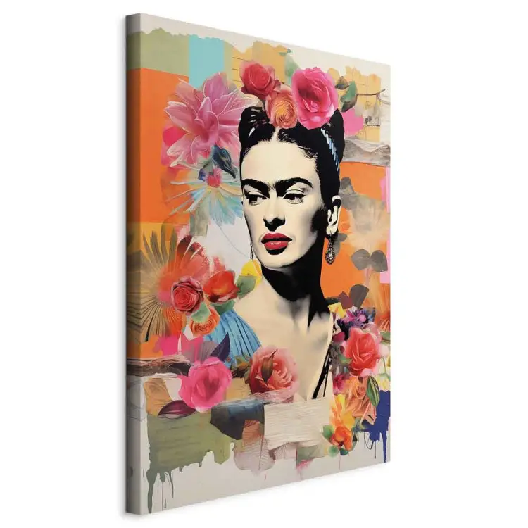 Portret van de schilderes - Frida Kahlo tegen een pastel bloemenachtergrond