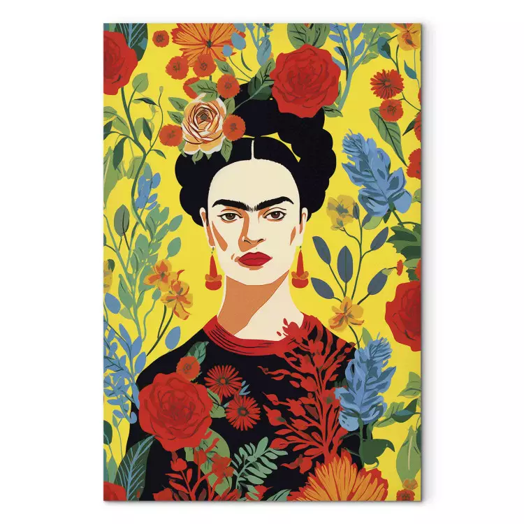 Frida Kahlo - portret van de kunstenaar tegen een gele bloemenachtergrond