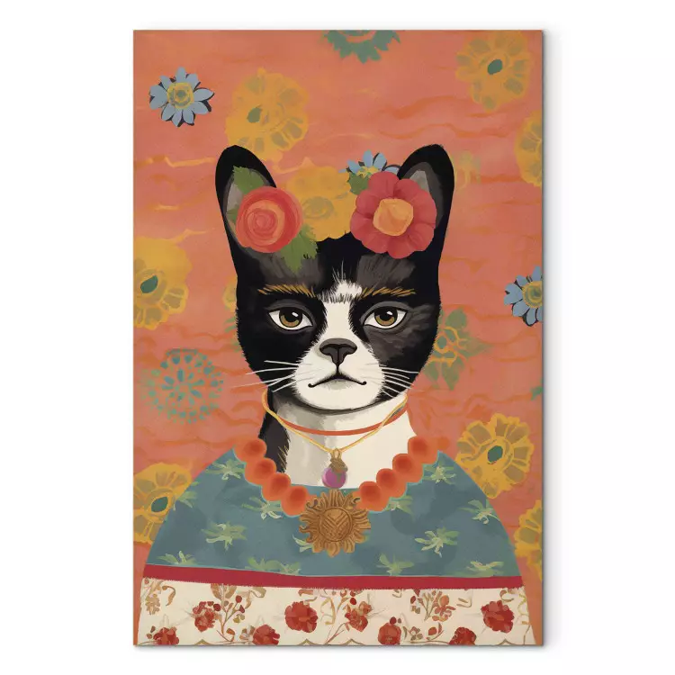 Dierenportret - kat met bloemen geïnspireerd op Frida's beeld
