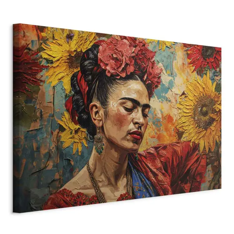 Frida Kahlo - vrouw tegen een achtergrond van zonnebloemen in de stijl van een van Gogh schilderij