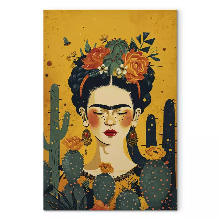 Frida met cactussen - portret van de schilderes op een oranje achtergrond
