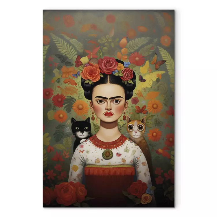 Cartoon Frida - een kleurrijk portret van de kunstenaar met twee katten
