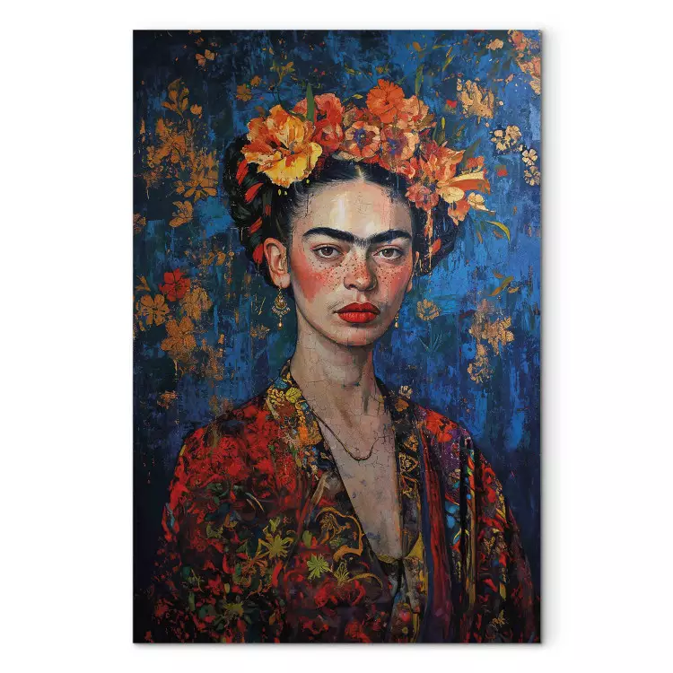 Portret van Frida - compositie in Klimt-stijl op donkerblauwe achtergrond