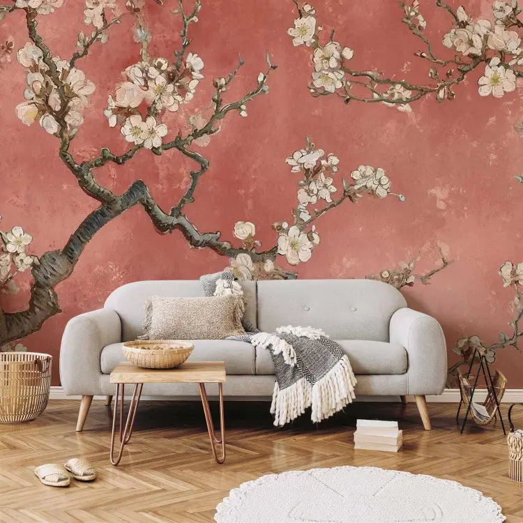 Bloeiende boom - compositie met takken op een terracotta achtergrond