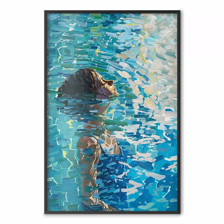 Blauwe meditatie - vrouw in het water omringd door lichtgevende reflecties