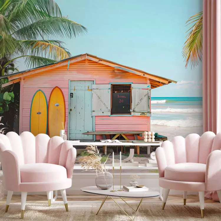 Surf Shack - pastelkleurige bungalow met twee surfplanken en palmbomen