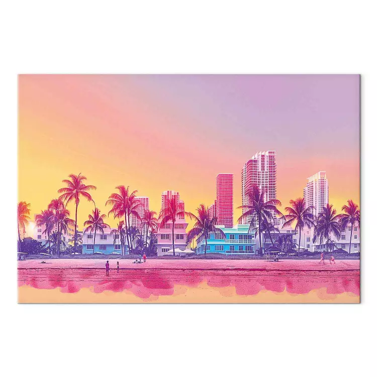 Neon beach - kleurrijke gebouwen en palmbomen bij zonsondergang