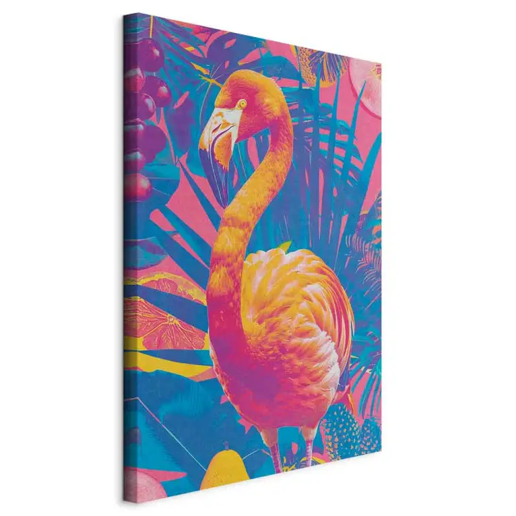 Kleurrijke flamingo - een exotische vogel tussen tropische bladeren en sappige vruchten