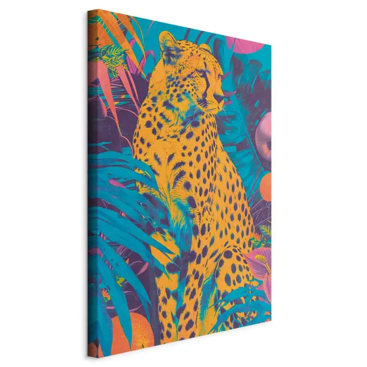 Pop-art jachtluipaard - wilde kat in felle kleuren omringd door tropische planten