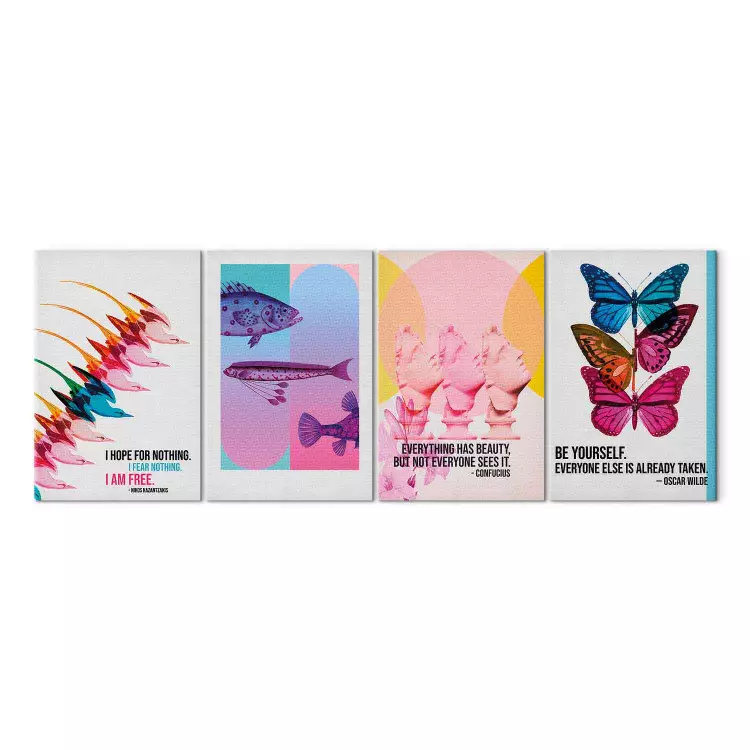Abstracte inspiraties - kleurrijke vogels, vissen, bustes en vlinders met citaten over vrijheid en schoonheid