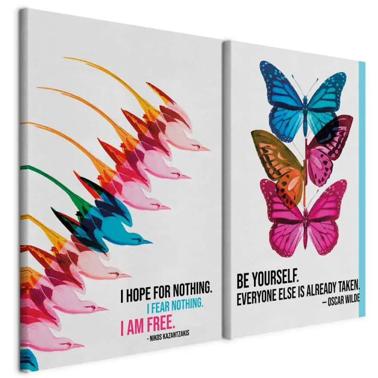 Vogels van vrijheid en vlinders - inspirerende citaten van Kazantzakis en Wilde met een kleurrijke achtergrond