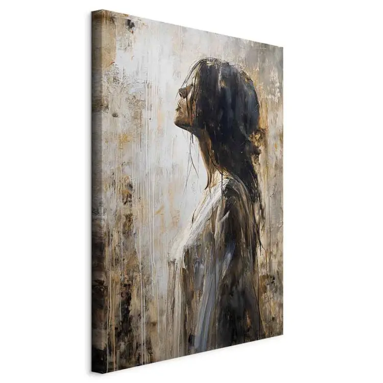 Reflectie en schaduw - profiel van een vrouw tegen een waterschilderij achtergrond