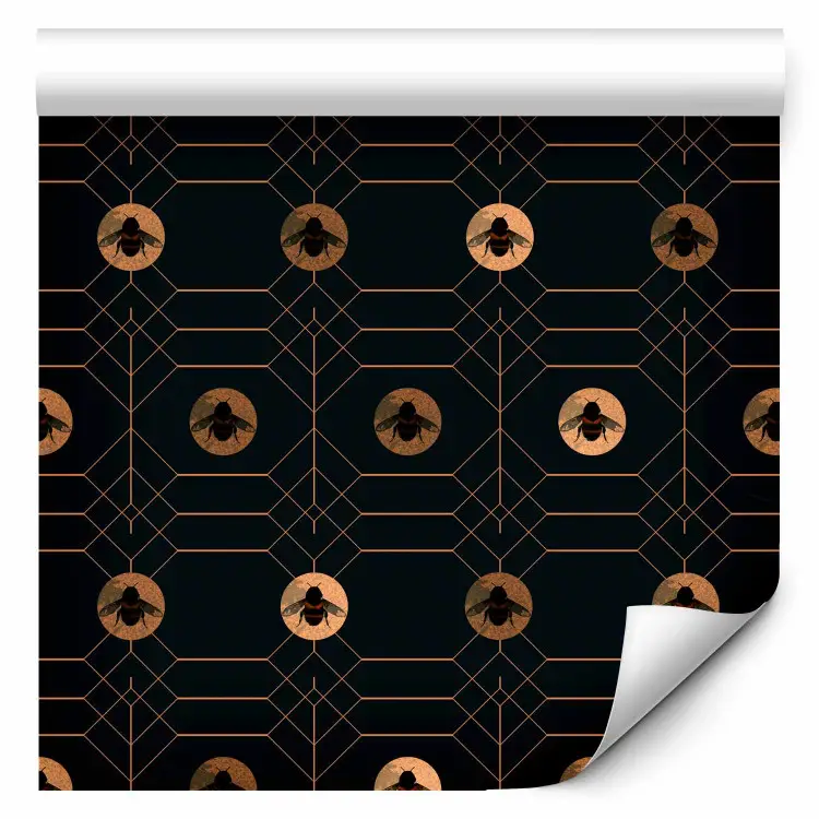 Donkere zeshoeken - gouden bijen op een zwarte achtergrond met geometrisch patroon