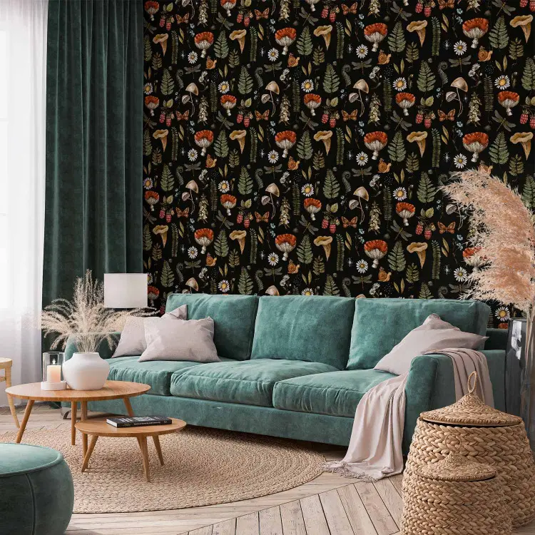 Nachtweide - paddenstoelen en varens in de stijl van oude illustraties op een donkere achtergrond