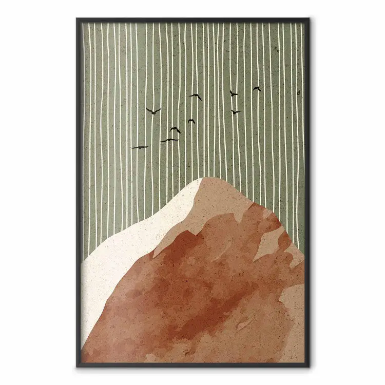 Vlucht aan een groene hemel - abstracte berg met verticale lijnen en vogels