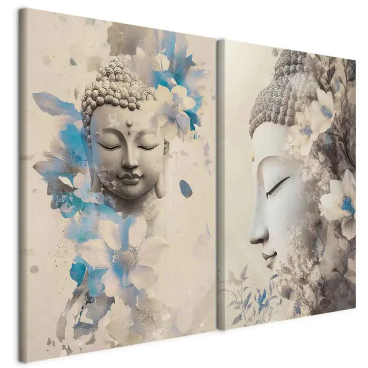 Boeddha en bloemen - Zen-motief in sepia en lichtblauw
