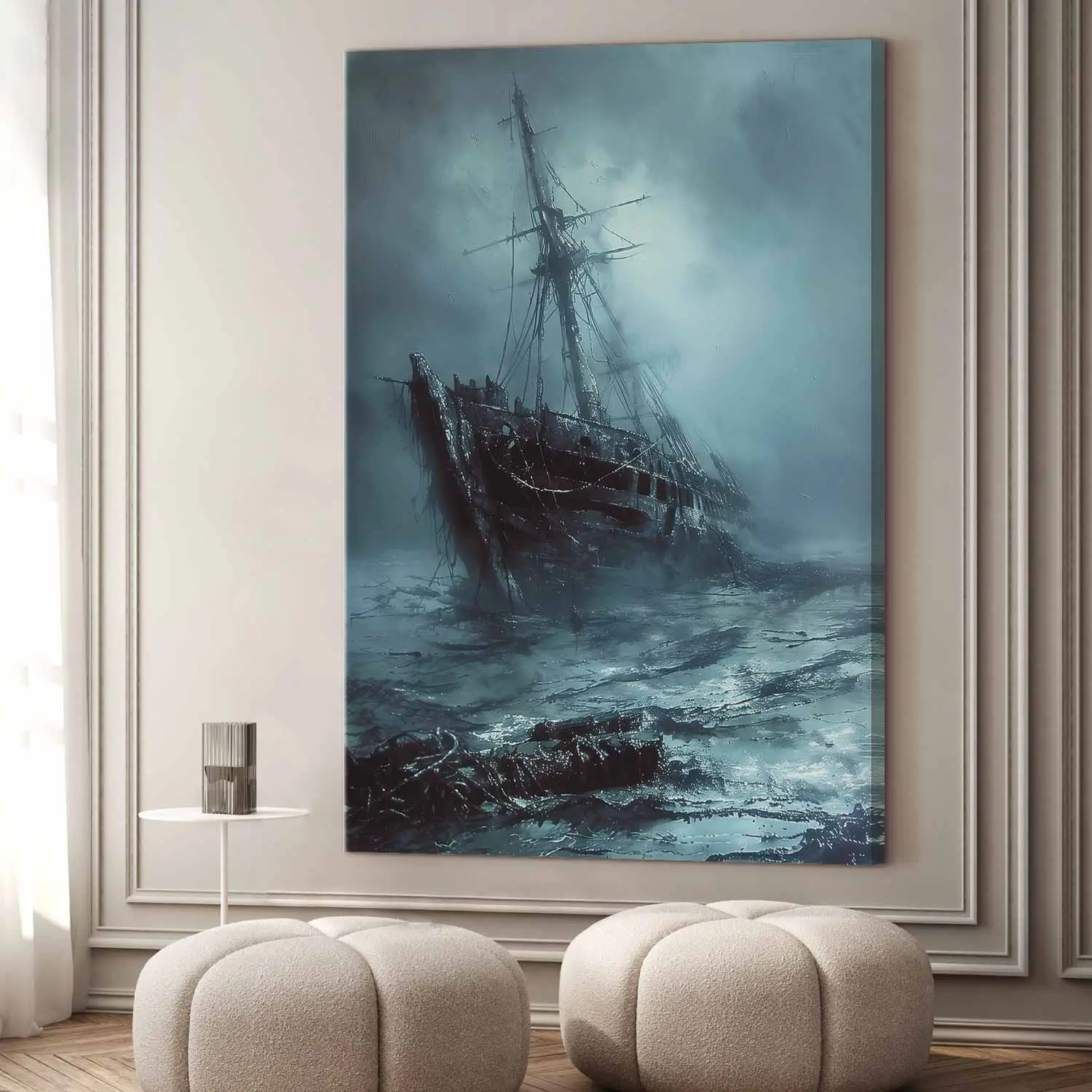 XXL schilderij Verlaten schip - drijvend wrak op zee in dark
